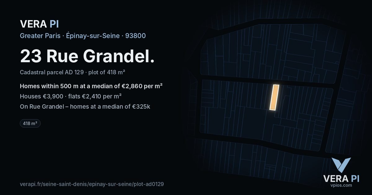 23 Rue Grandel, Épinay-sur-Seine at night – the plot lit, the parcels around coloured by the prices near them