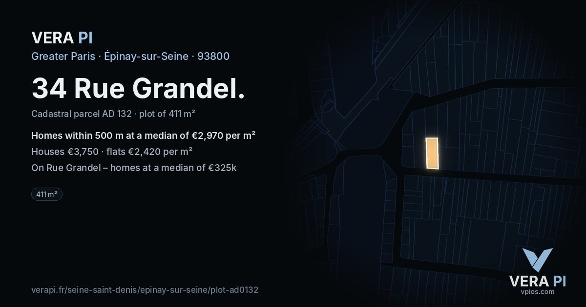 34 Rue Grandel, Épinay-sur-Seine at night – the plot lit, the parcels around coloured by the prices near them