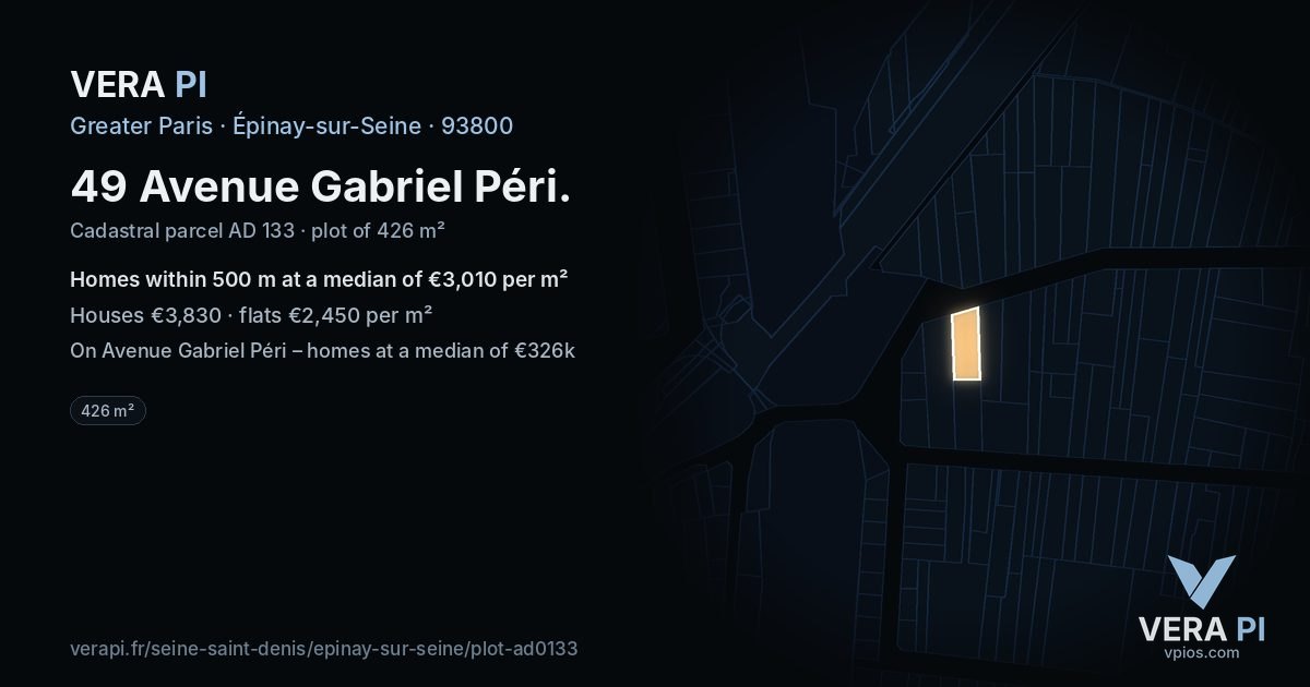 49 Avenue Gabriel Péri, Épinay-sur-Seine at night – the plot lit, the parcels around coloured by the prices near them