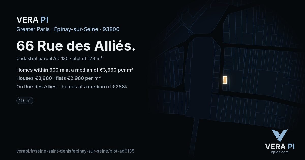 66 Rue des Alliés, Épinay-sur-Seine at night – the plot lit, the parcels around coloured by the prices near them