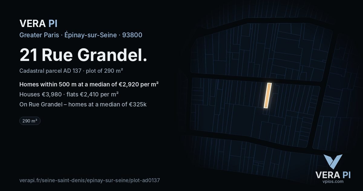 21 Rue Grandel, Épinay-sur-Seine at night – the plot lit, the parcels around coloured by the prices near them