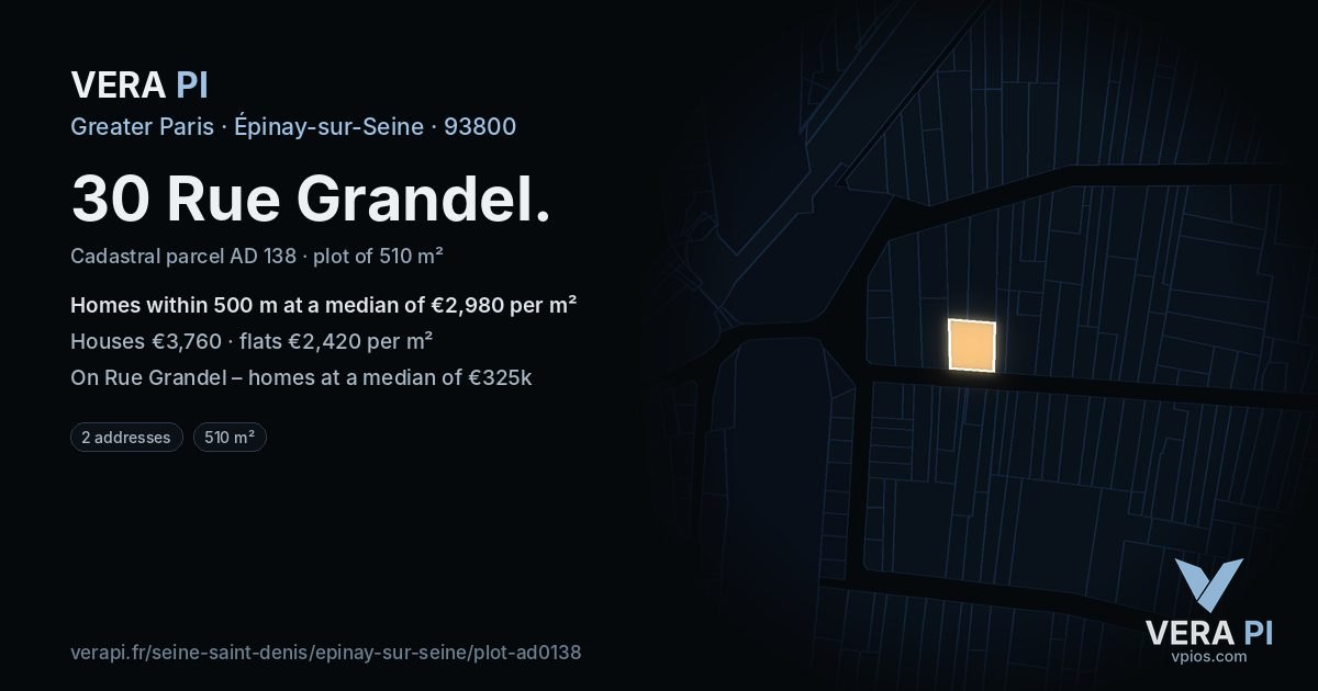 30 Rue Grandel, Épinay-sur-Seine at night – the plot lit, the parcels around coloured by the prices near them