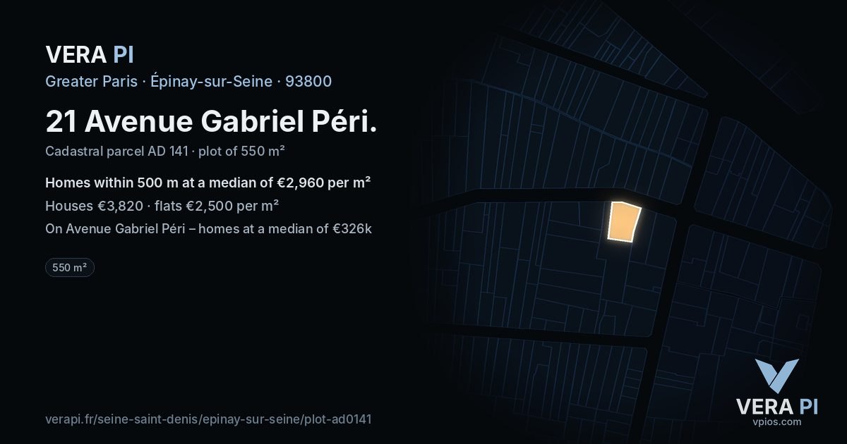 21 Avenue Gabriel Péri, Épinay-sur-Seine at night – the plot lit, the parcels around coloured by the prices near them