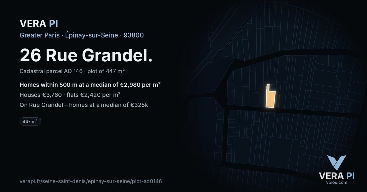 26 Rue Grandel, Épinay-sur-Seine at night – the plot lit, the parcels around coloured by the prices near them
