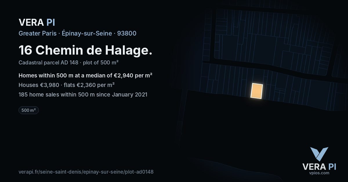 16 Chemin de Halage, Épinay-sur-Seine at night – the plot lit, the parcels around coloured by the prices near them