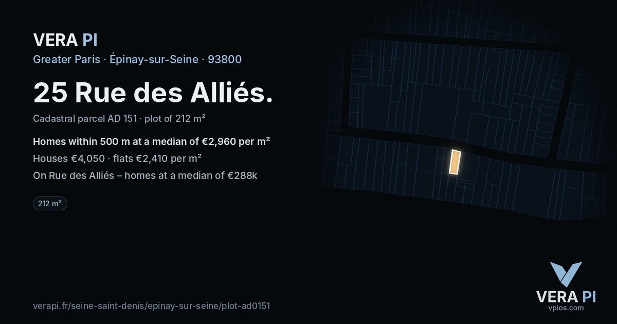 25 Rue des Alliés, Épinay-sur-Seine at night – the plot lit, the parcels around coloured by the prices near them