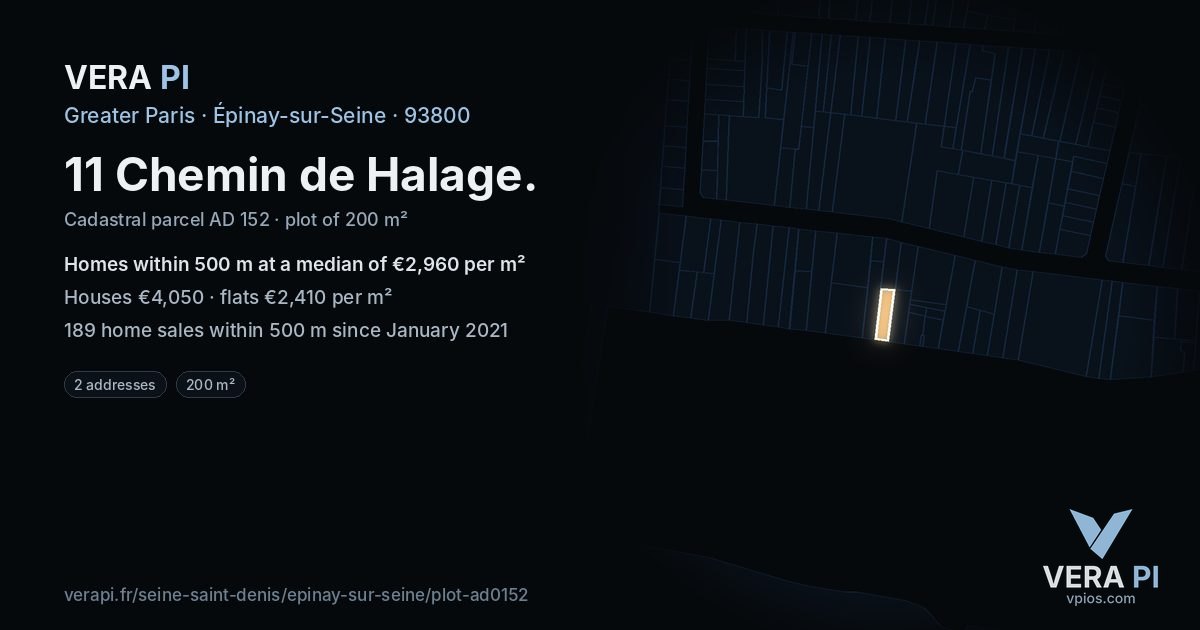 11 Chemin de Halage, Épinay-sur-Seine at night – the plot lit, the parcels around coloured by the prices near them