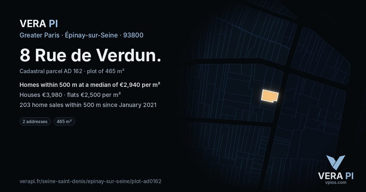8 Rue de Verdun, Épinay-sur-Seine at night – the plot lit, the parcels around coloured by the prices near them