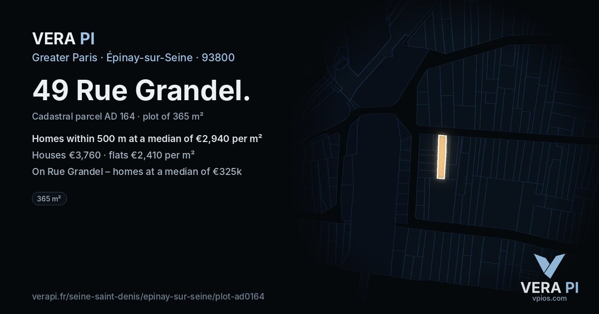 49 Rue Grandel, Épinay-sur-Seine at night – the plot lit, the parcels around coloured by the prices near them