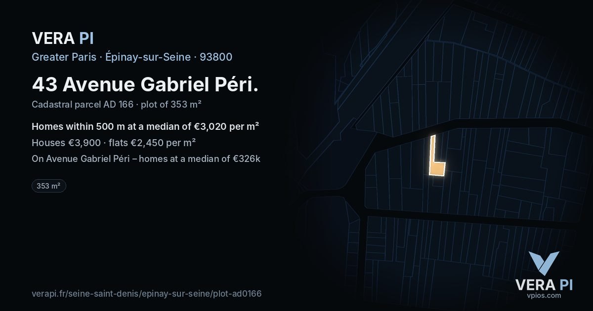 43 Avenue Gabriel Péri, Épinay-sur-Seine at night – the plot lit, the parcels around coloured by the prices near them
