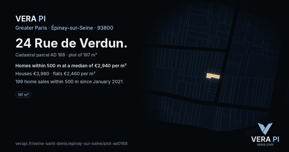 24 Rue de Verdun, Épinay-sur-Seine at night – the plot lit, the parcels around coloured by the prices near them