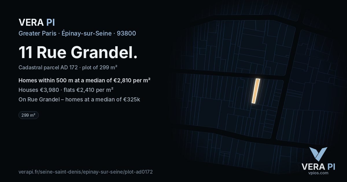 11 Rue Grandel, Épinay-sur-Seine at night – the plot lit, the parcels around coloured by the prices near them