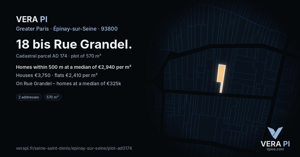 18 bis Rue Grandel, Épinay-sur-Seine at night – the plot lit, the parcels around coloured by the prices near them