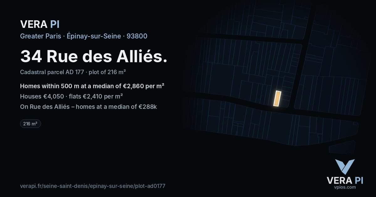 34 Rue des Alliés, Épinay-sur-Seine at night – the plot lit, the parcels around coloured by the prices near them