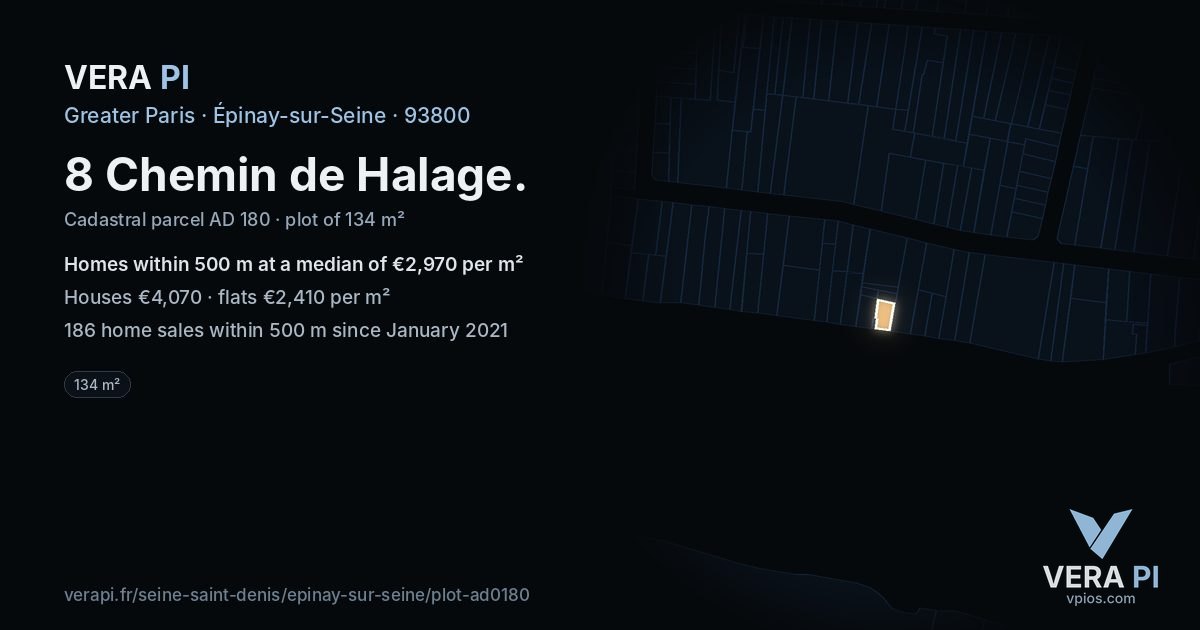 8 Chemin de Halage, Épinay-sur-Seine at night – the plot lit, the parcels around coloured by the prices near them
