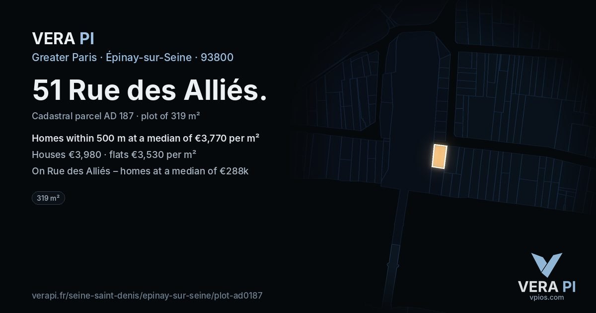 51 Rue des Alliés, Épinay-sur-Seine at night – the plot lit, the parcels around coloured by the prices near them
