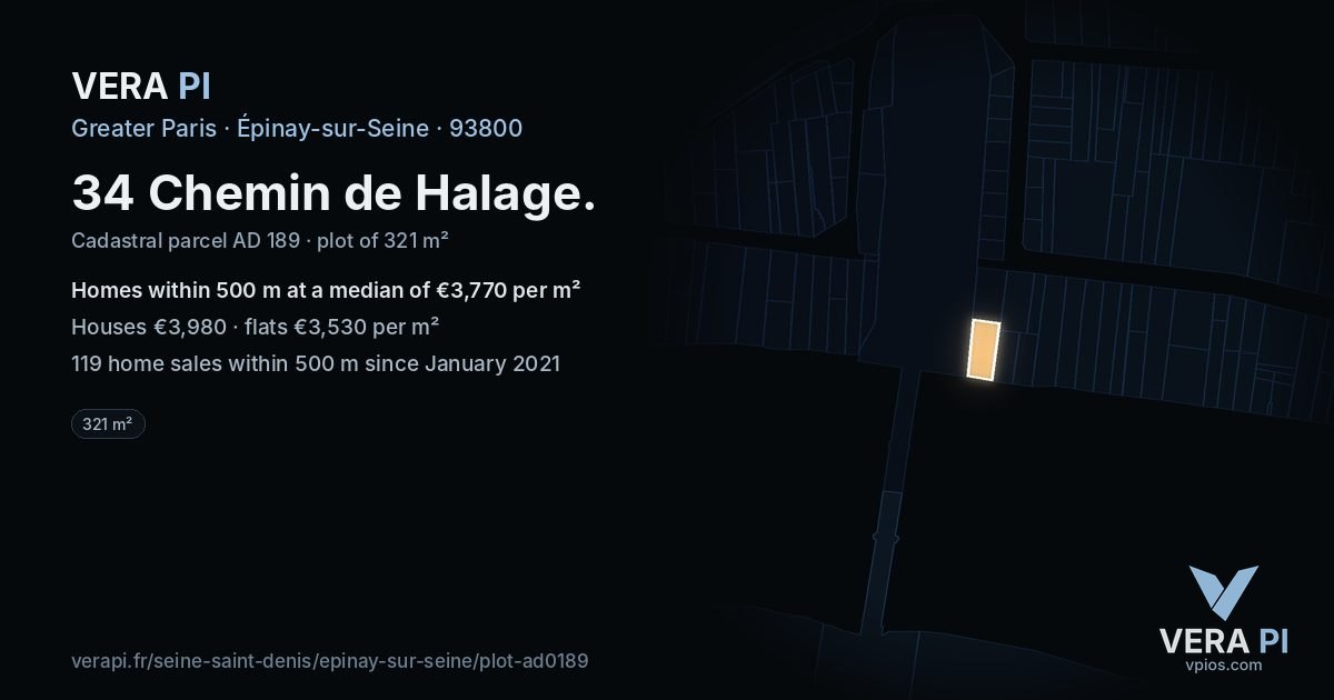 34 Chemin de Halage, Épinay-sur-Seine at night – the plot lit, the parcels around coloured by the prices near them