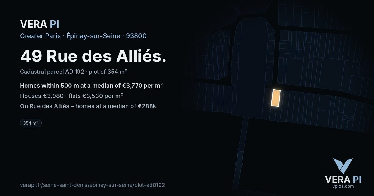 49 Rue des Alliés, Épinay-sur-Seine at night – the plot lit, the parcels around coloured by the prices near them