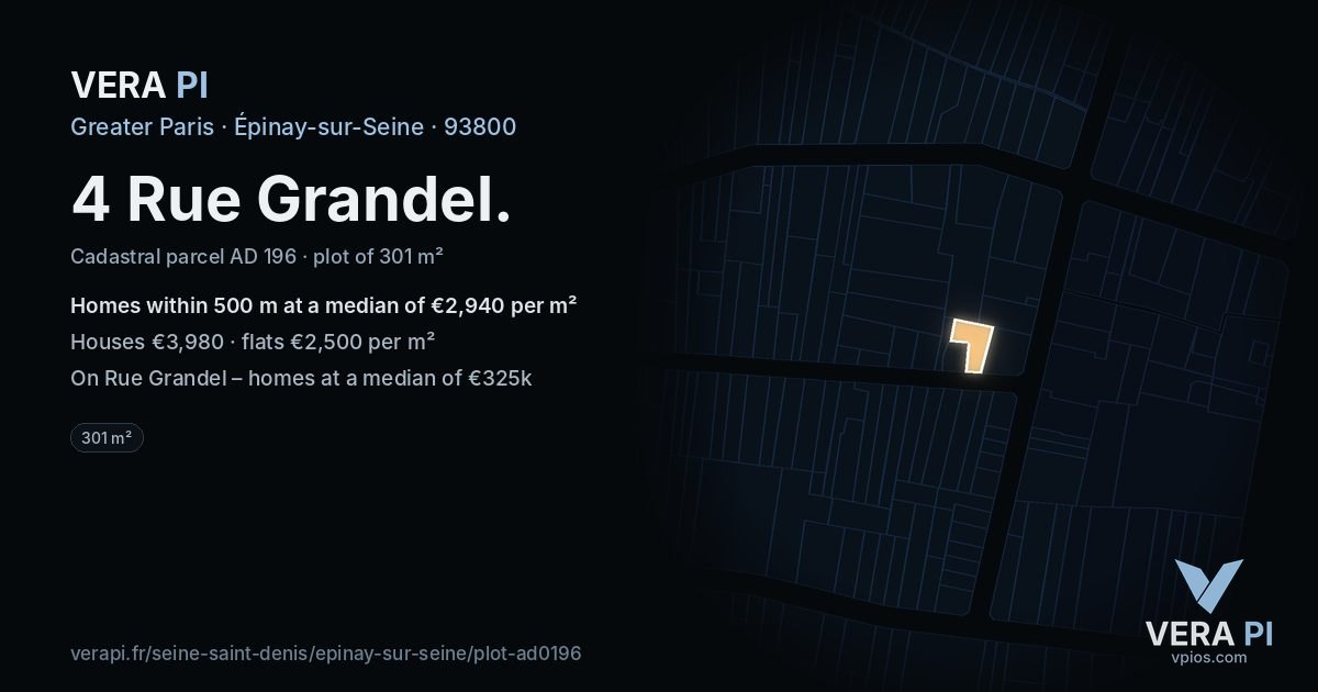 4 Rue Grandel, Épinay-sur-Seine at night – the plot lit, the parcels around coloured by the prices near them