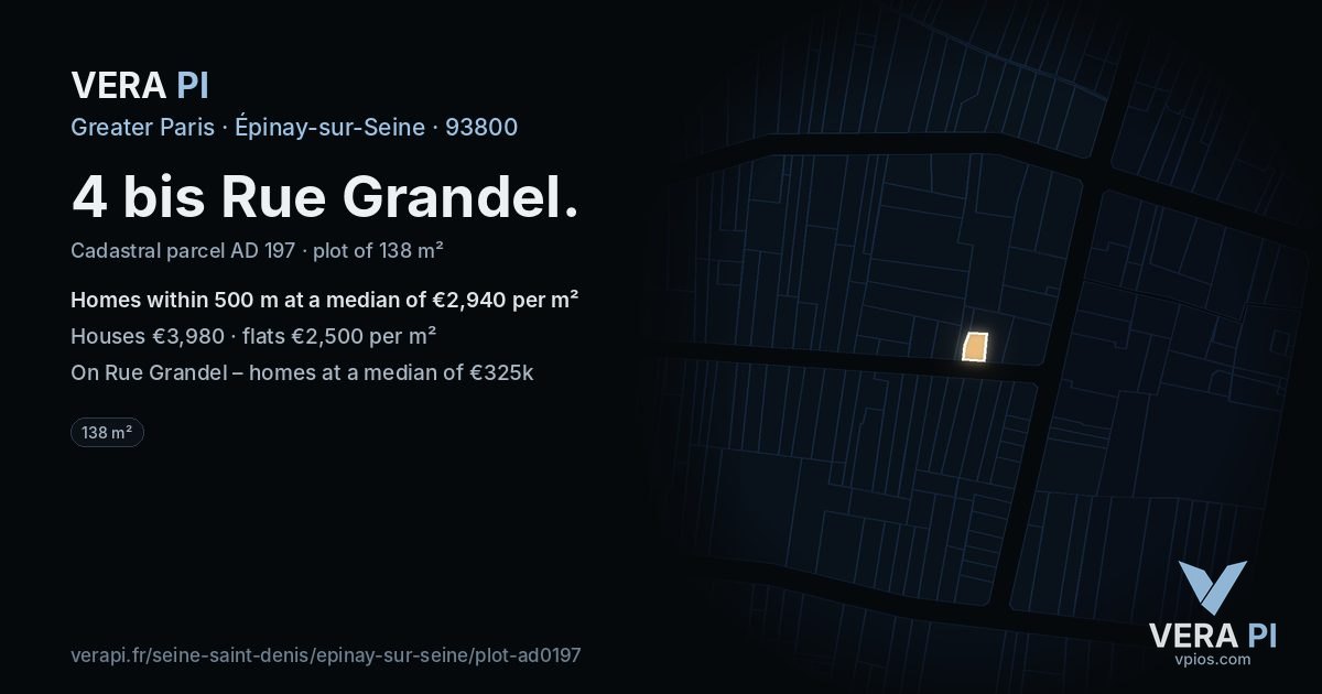 4 bis Rue Grandel, Épinay-sur-Seine at night – the plot lit, the parcels around coloured by the prices near them