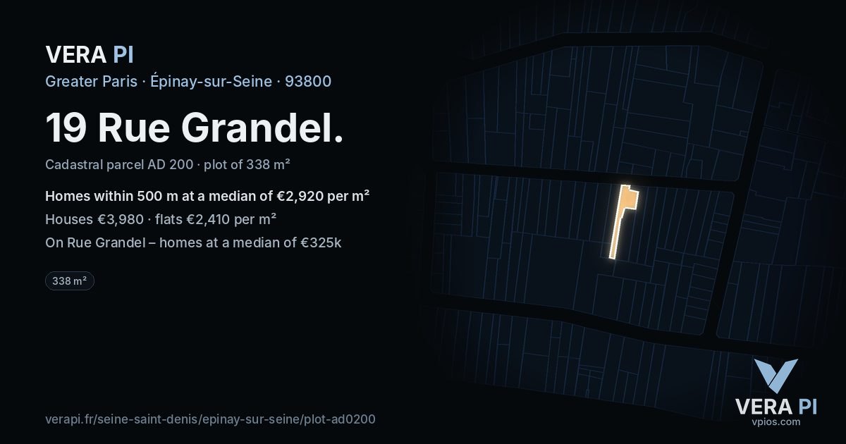 19 Rue Grandel, Épinay-sur-Seine at night – the plot lit, the parcels around coloured by the prices near them
