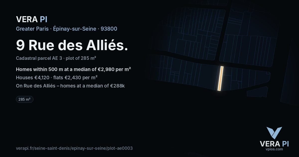 9 Rue des Alliés, Épinay-sur-Seine at night – the plot lit, the parcels around coloured by the prices near them