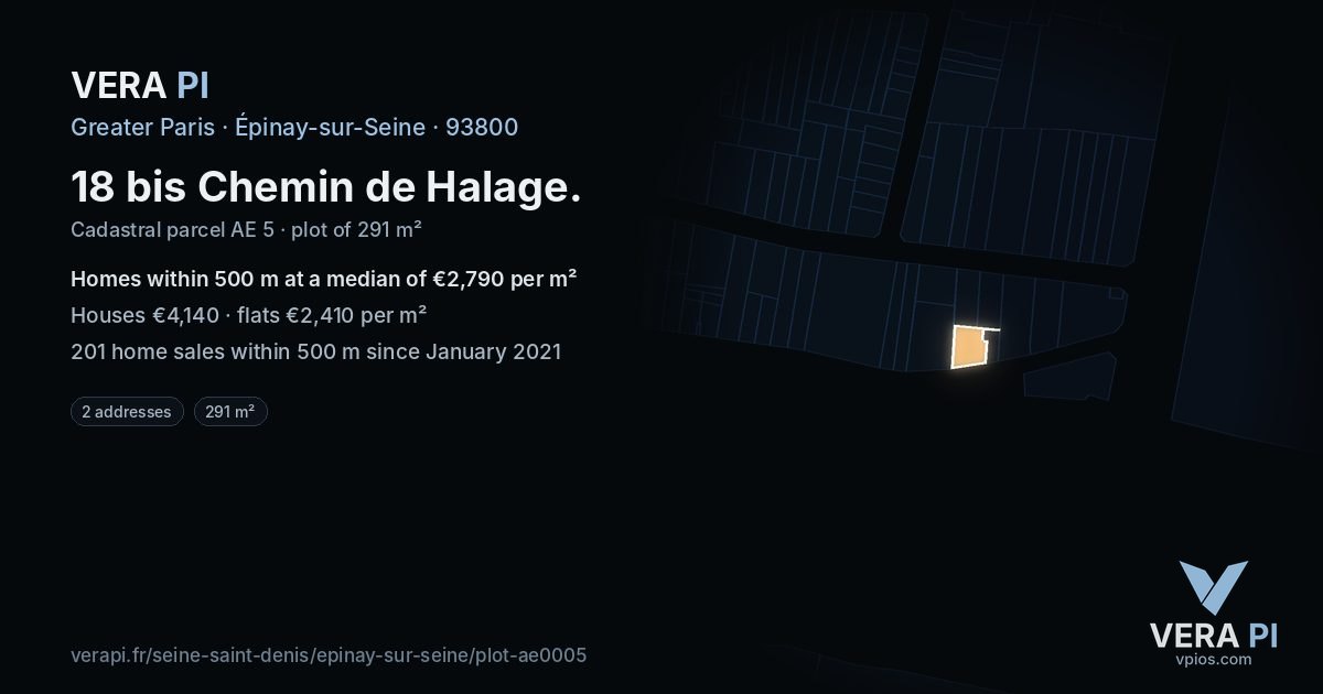 18 bis Chemin de Halage, Épinay-sur-Seine at night – the plot lit, the parcels around coloured by the prices near them