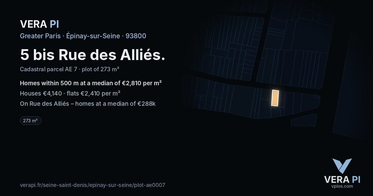 5 bis Rue des Alliés, Épinay-sur-Seine at night – the plot lit, the parcels around coloured by the prices near them