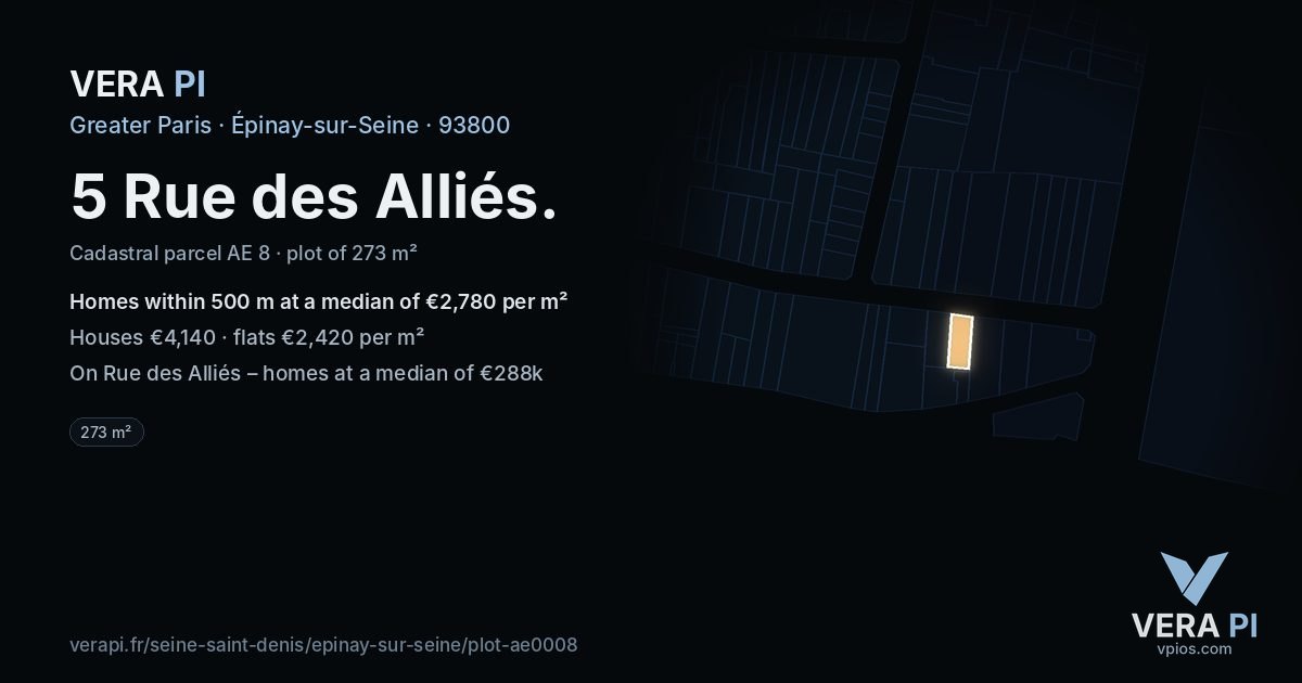 5 Rue des Alliés, Épinay-sur-Seine at night – the plot lit, the parcels around coloured by the prices near them