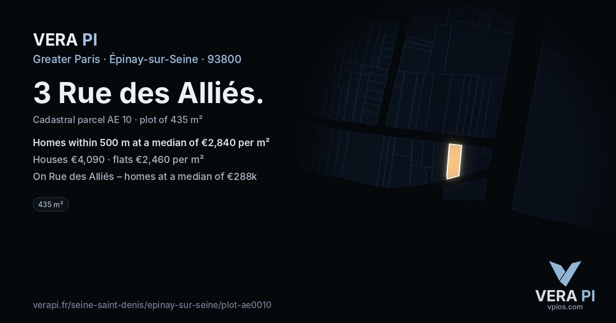 3 Rue des Alliés, Épinay-sur-Seine at night – the plot lit, the parcels around coloured by the prices near them