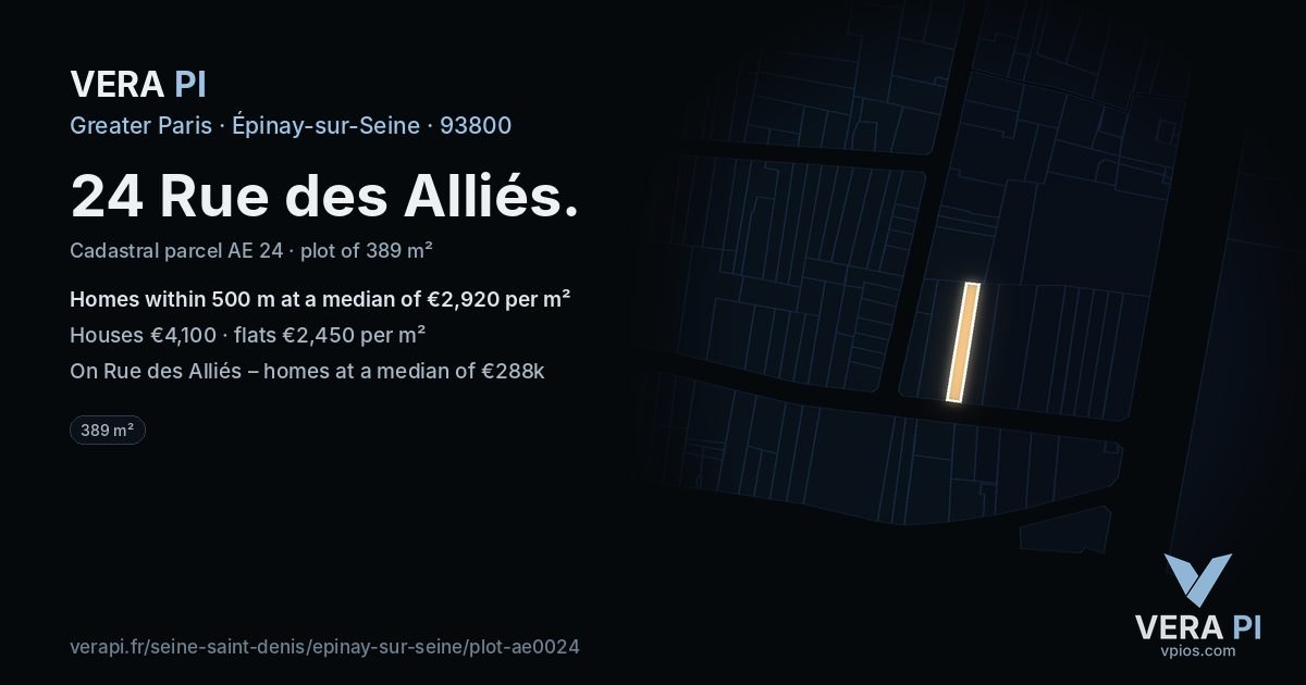 24 Rue des Alliés, Épinay-sur-Seine at night – the plot lit, the parcels around coloured by the prices near them