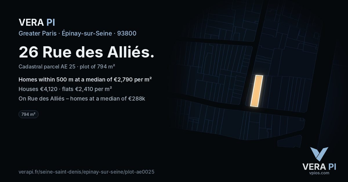 26 Rue des Alliés, Épinay-sur-Seine at night – the plot lit, the parcels around coloured by the prices near them