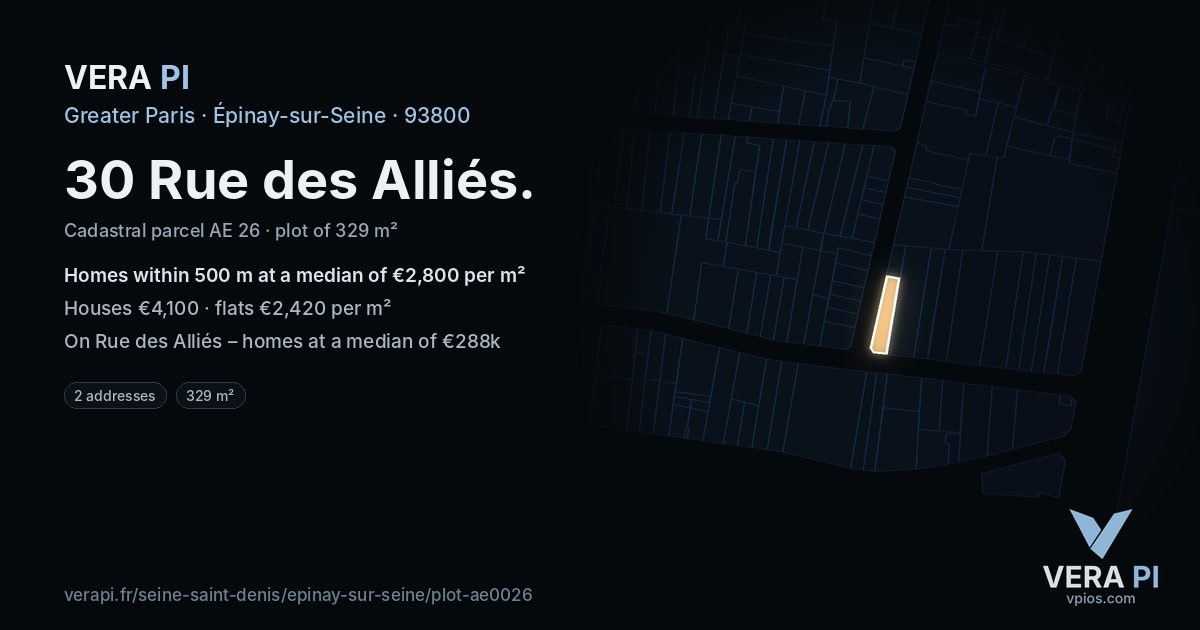 30 Rue des Alliés, Épinay-sur-Seine at night – the plot lit, the parcels around coloured by the prices near them