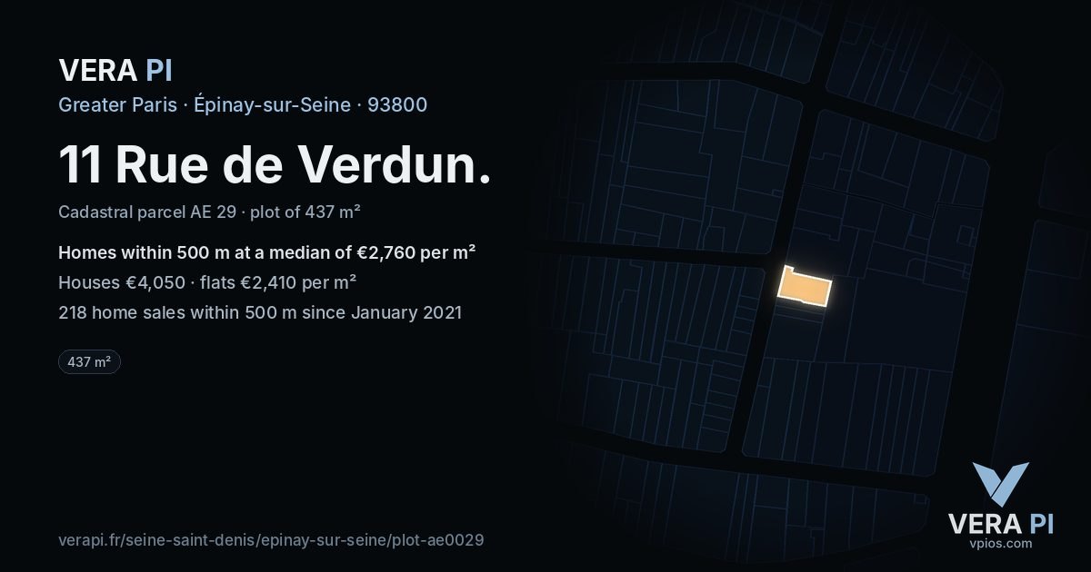 11 Rue de Verdun, Épinay-sur-Seine at night – the plot lit, the parcels around coloured by the prices near them
