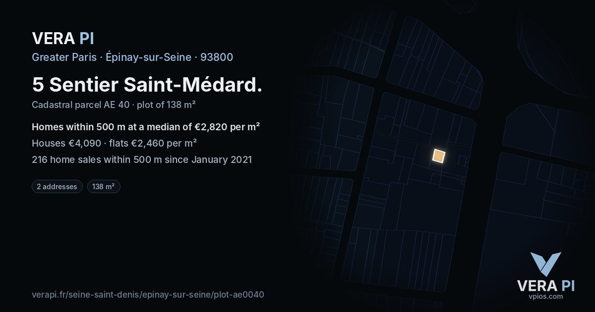 5 Sentier Saint-Médard, Épinay-sur-Seine at night – the plot lit, the parcels around coloured by the prices near them
