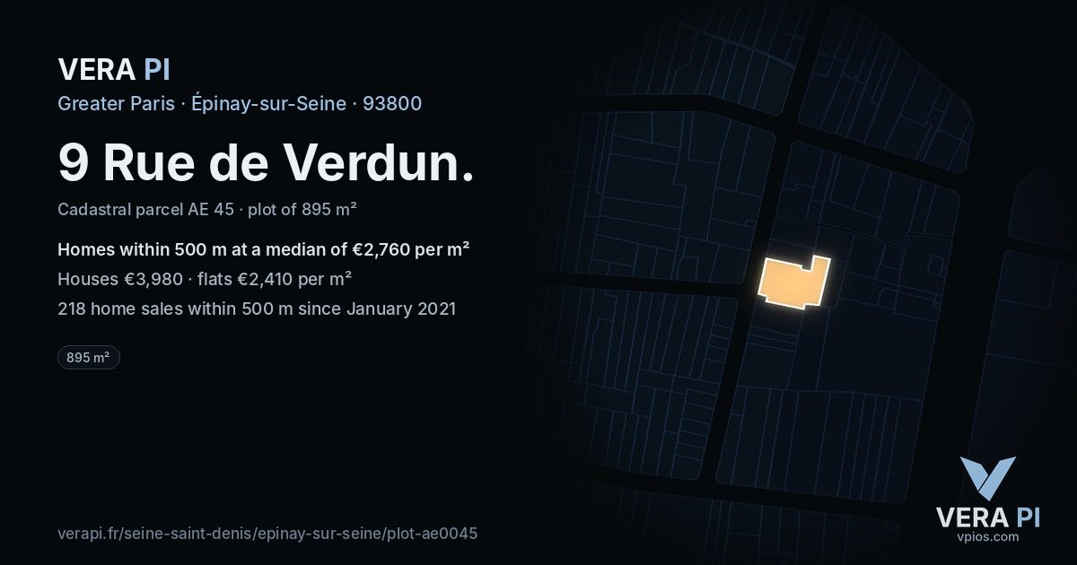 9 Rue de Verdun, Épinay-sur-Seine at night – the plot lit, the parcels around coloured by the prices near them