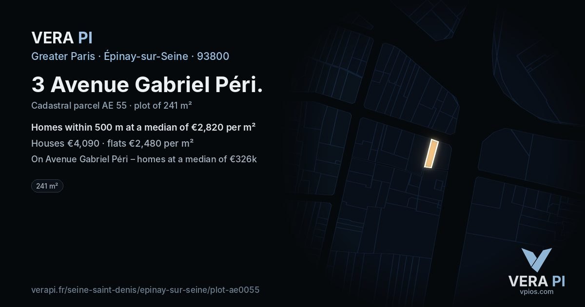 3 Avenue Gabriel Péri, Épinay-sur-Seine at night – the plot lit, the parcels around coloured by the prices near them
