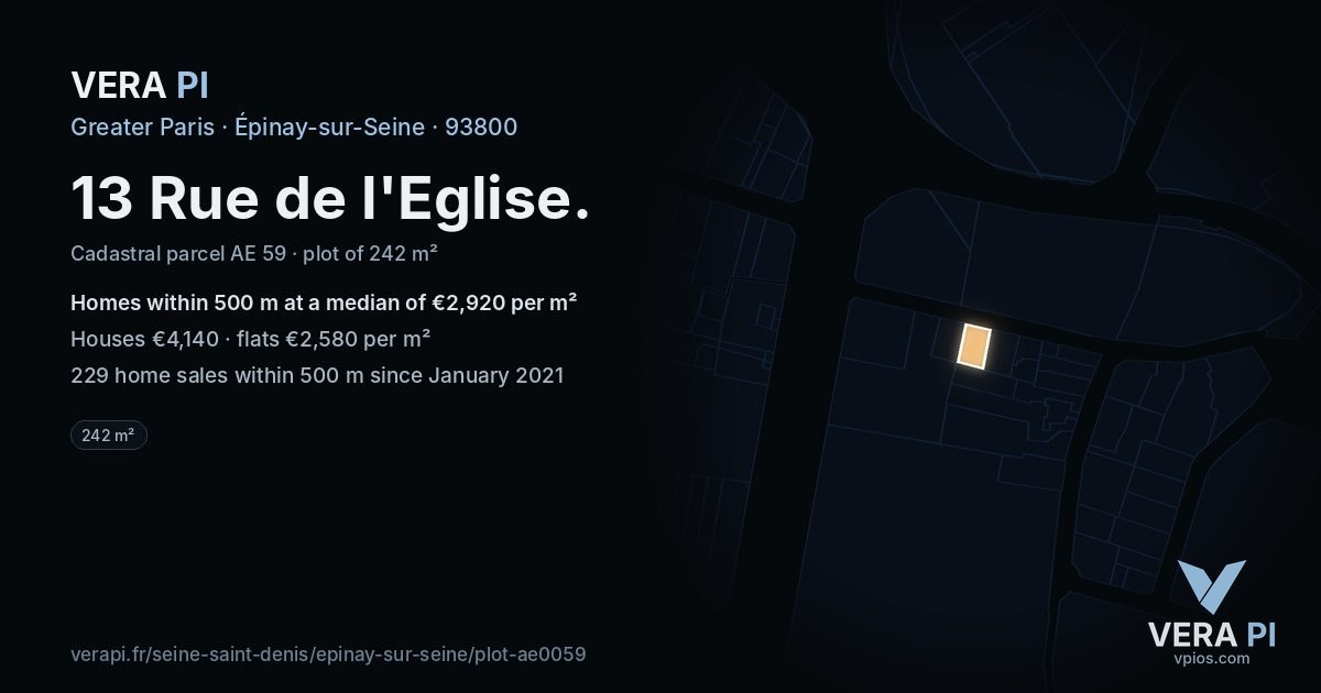 13 Rue de l'Eglise, Épinay-sur-Seine at night – the plot lit, the parcels around coloured by the prices near them