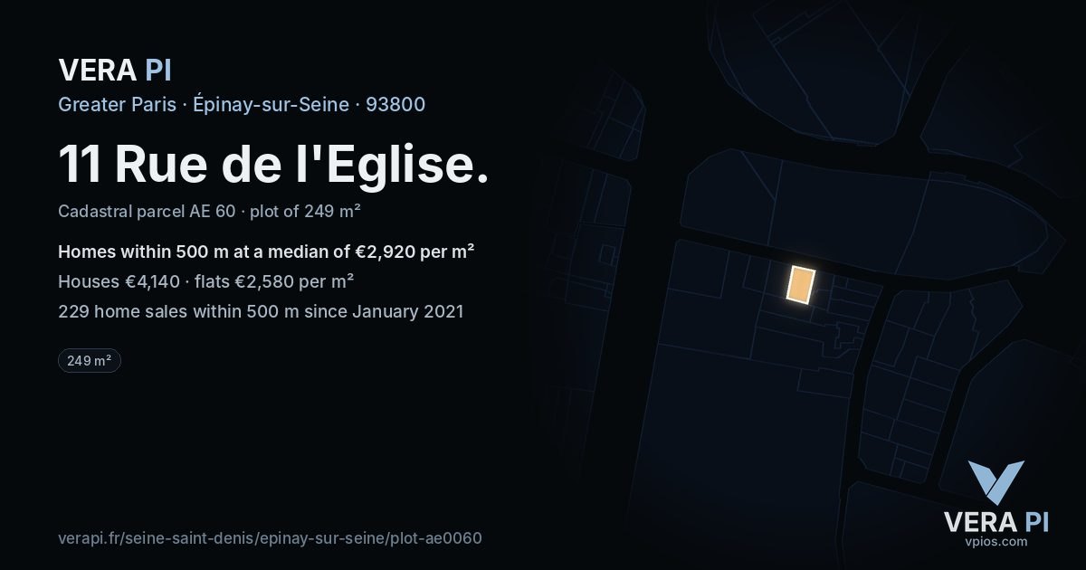 11 Rue de l'Eglise, Épinay-sur-Seine at night – the plot lit, the parcels around coloured by the prices near them