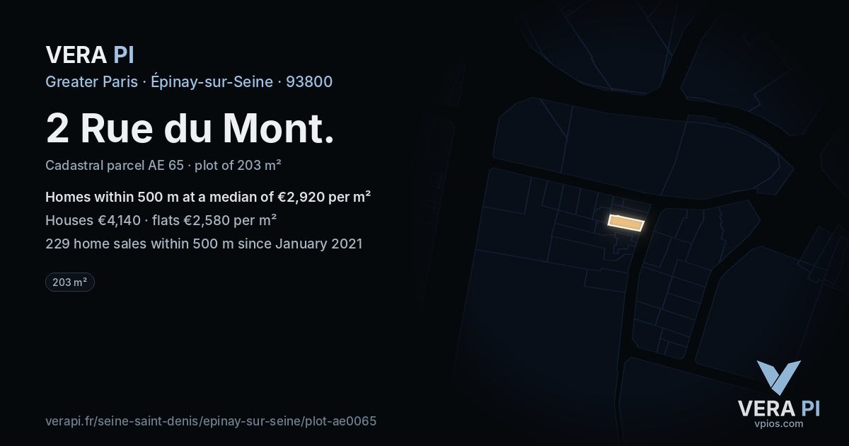 2 Rue du Mont, Épinay-sur-Seine at night – the plot lit, the parcels around coloured by the prices near them