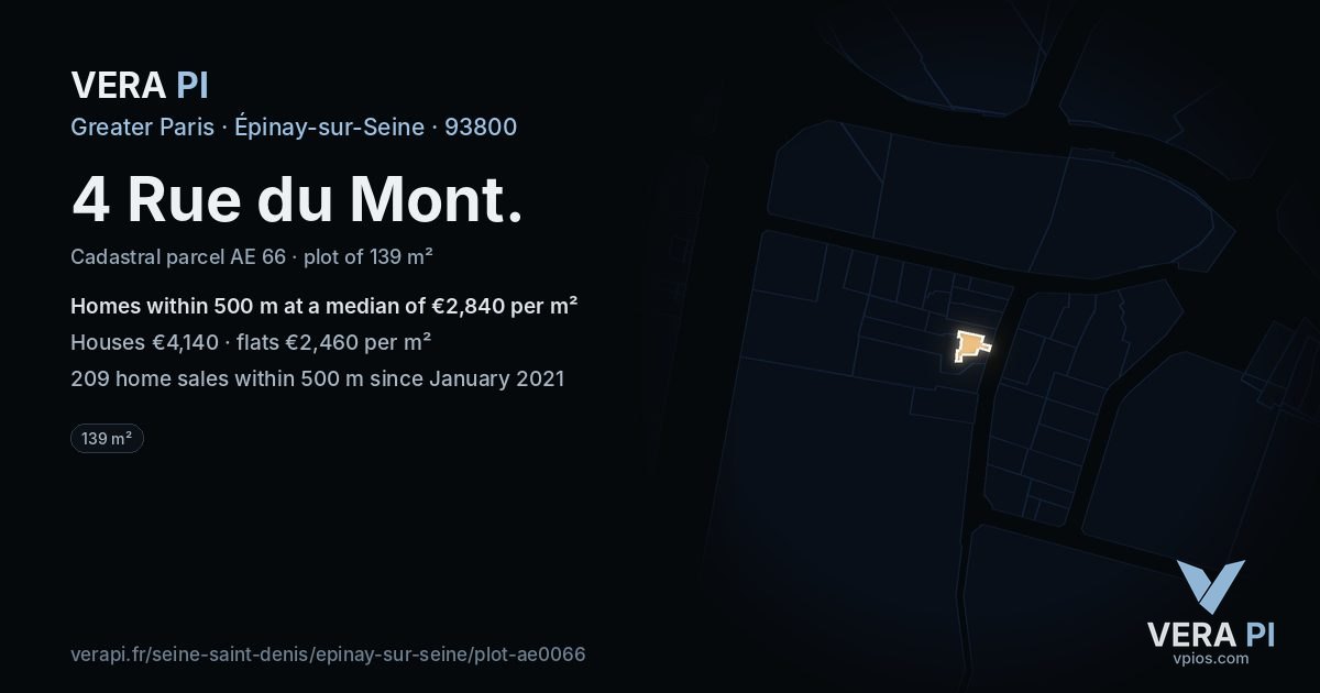 4 Rue du Mont, Épinay-sur-Seine at night – the plot lit, the parcels around coloured by the prices near them