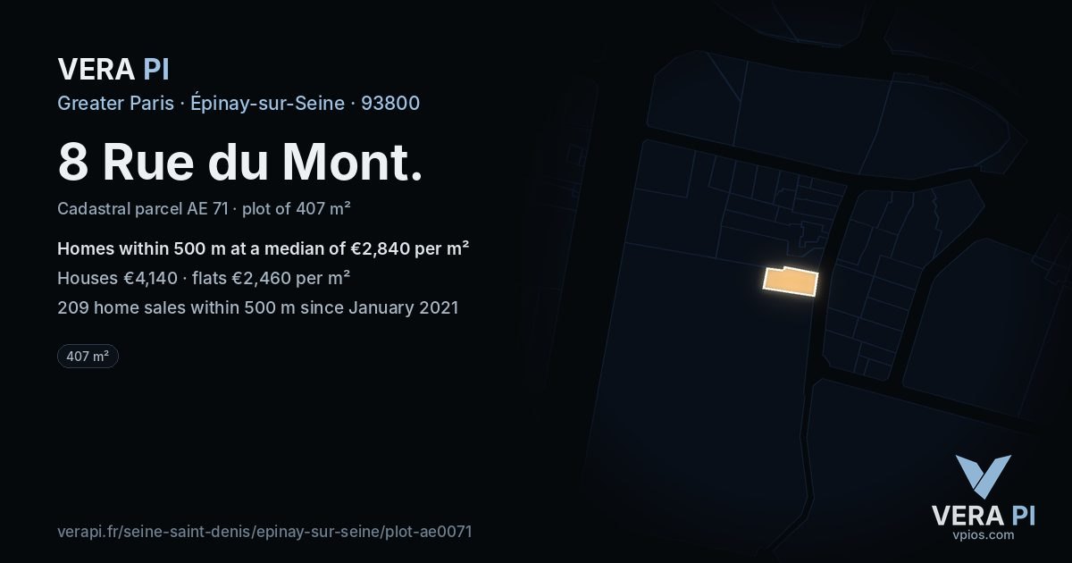 8 Rue du Mont, Épinay-sur-Seine at night – the plot lit, the parcels around coloured by the prices near them
