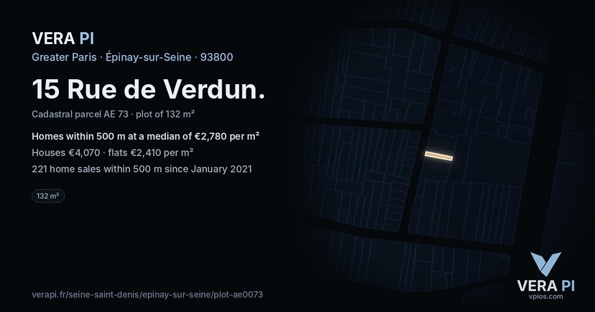 15 Rue de Verdun, Épinay-sur-Seine at night – the plot lit, the parcels around coloured by the prices near them