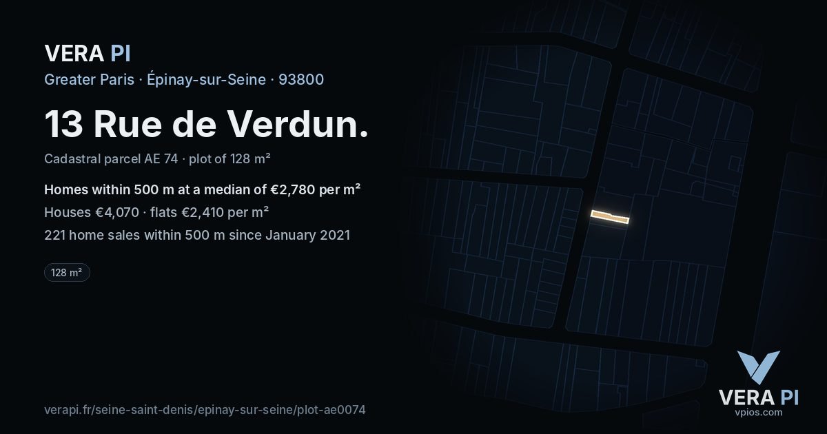 13 Rue de Verdun, Épinay-sur-Seine at night – the plot lit, the parcels around coloured by the prices near them