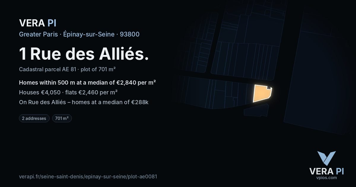 1 Rue des Alliés, Épinay-sur-Seine at night – the plot lit, the parcels around coloured by the prices near them