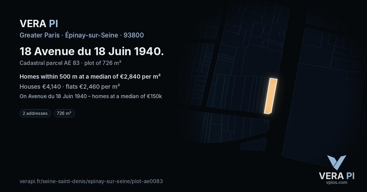 18 Avenue du 18 Juin 1940, Épinay-sur-Seine at night – the plot lit, the parcels around coloured by the prices near them