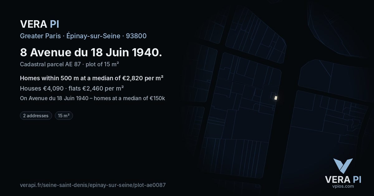 8 Avenue du 18 Juin 1940, Épinay-sur-Seine at night – the plot lit, the parcels around coloured by the prices near them