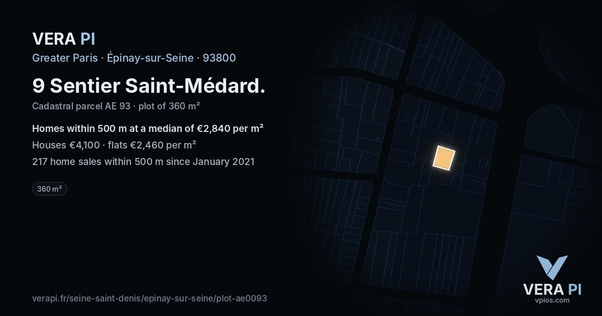9 Sentier Saint-Médard, Épinay-sur-Seine at night – the plot lit, the parcels around coloured by the prices near them