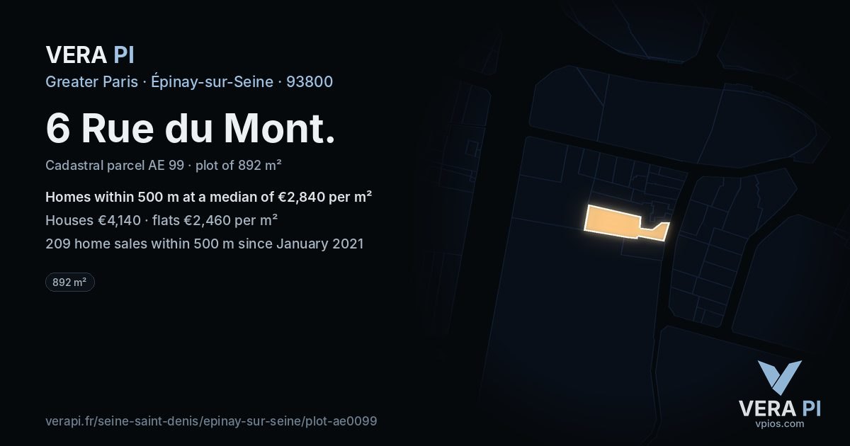 6 Rue du Mont, Épinay-sur-Seine at night – the plot lit, the parcels around coloured by the prices near them
