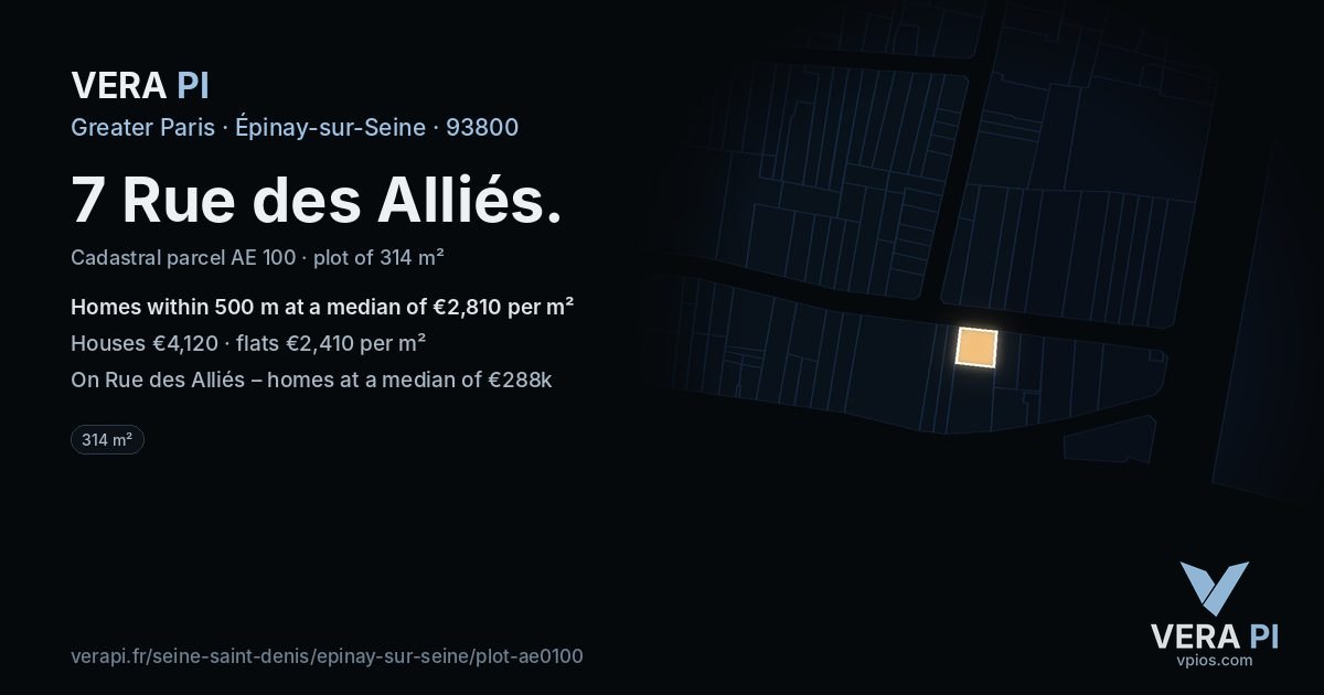 7 Rue des Alliés, Épinay-sur-Seine at night – the plot lit, the parcels around coloured by the prices near them